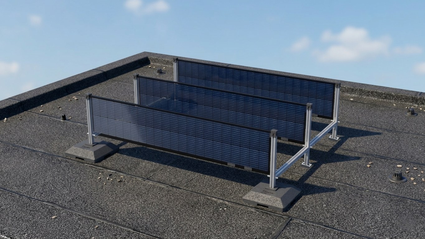 SOLYCO-Systemdarstellung: vertikale Photovoltaikmodule auf einem Bitumen-Flachdach