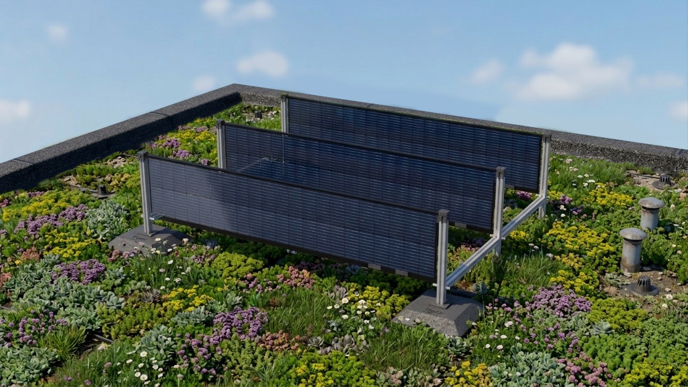 SOLYCO-Systemdarstellung: vertikale Solarmodule auf begrüntem Flachdach